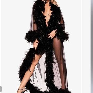 Be Wicked Lingerie Glamour Robe Black Chandelle Boa Feather One Size